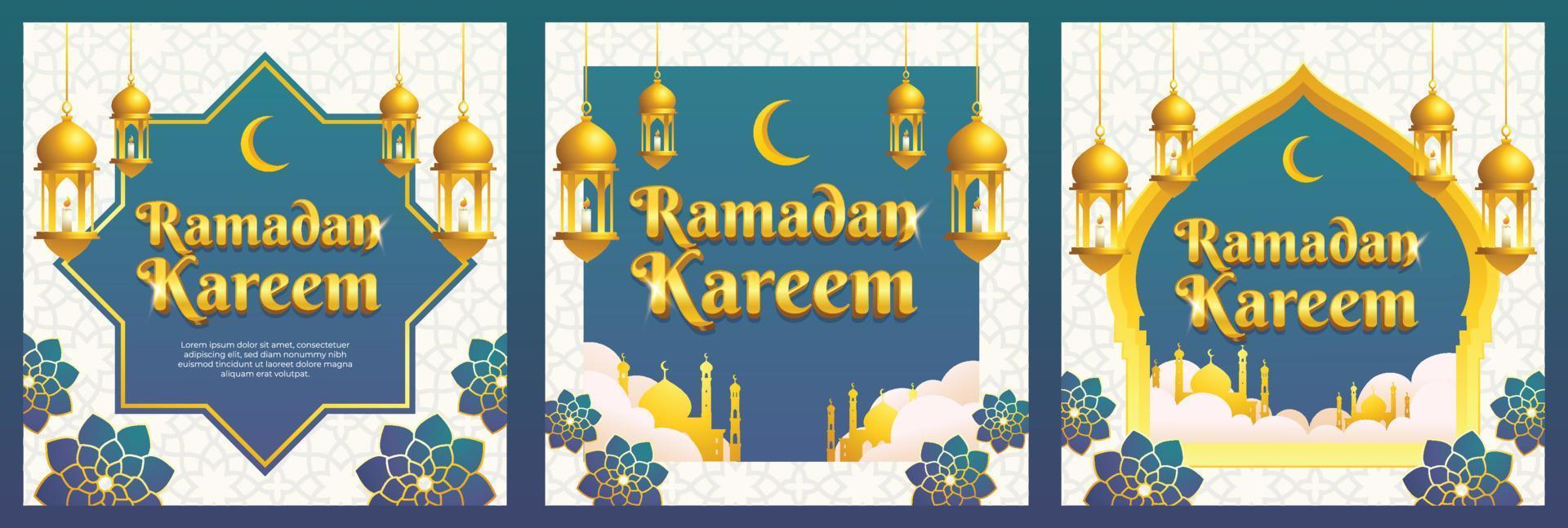 Blue gold islamic style ramadan kareem greeting card, background and square banner template set vector