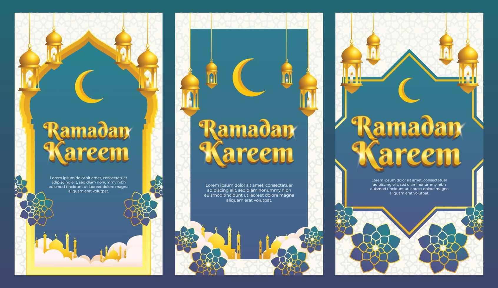 Blue gold islamic style ramadan kareem greeting card, background, banner and social media story template set vector