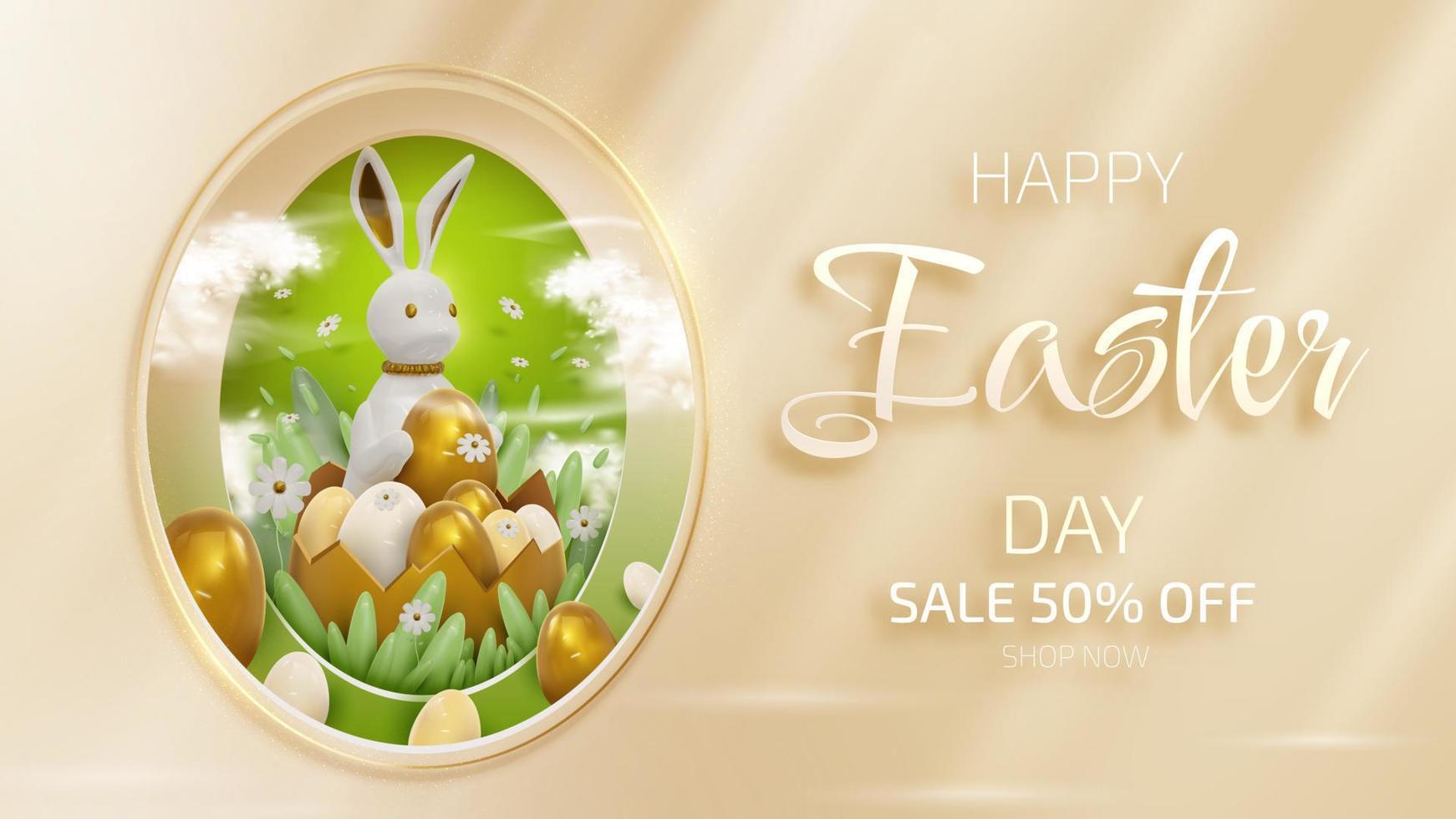 Realistic bunny in papercut art frame and golden easter eggs element with glitter light decoration. vector