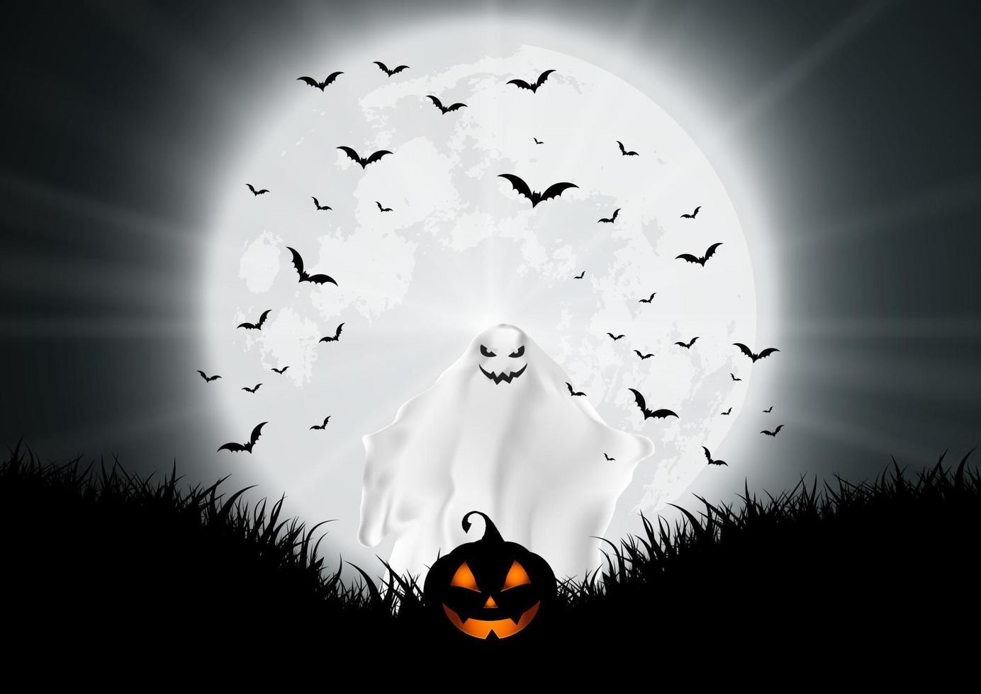 halloween background with ghost pumpkin moonlit landscape vector
