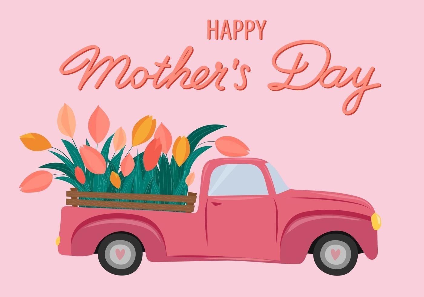 Happy Mother's Day greeting card. Pink Car with tulips in the back. vector