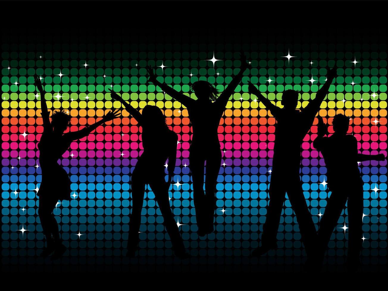 silhouettes people dancing disco background vector