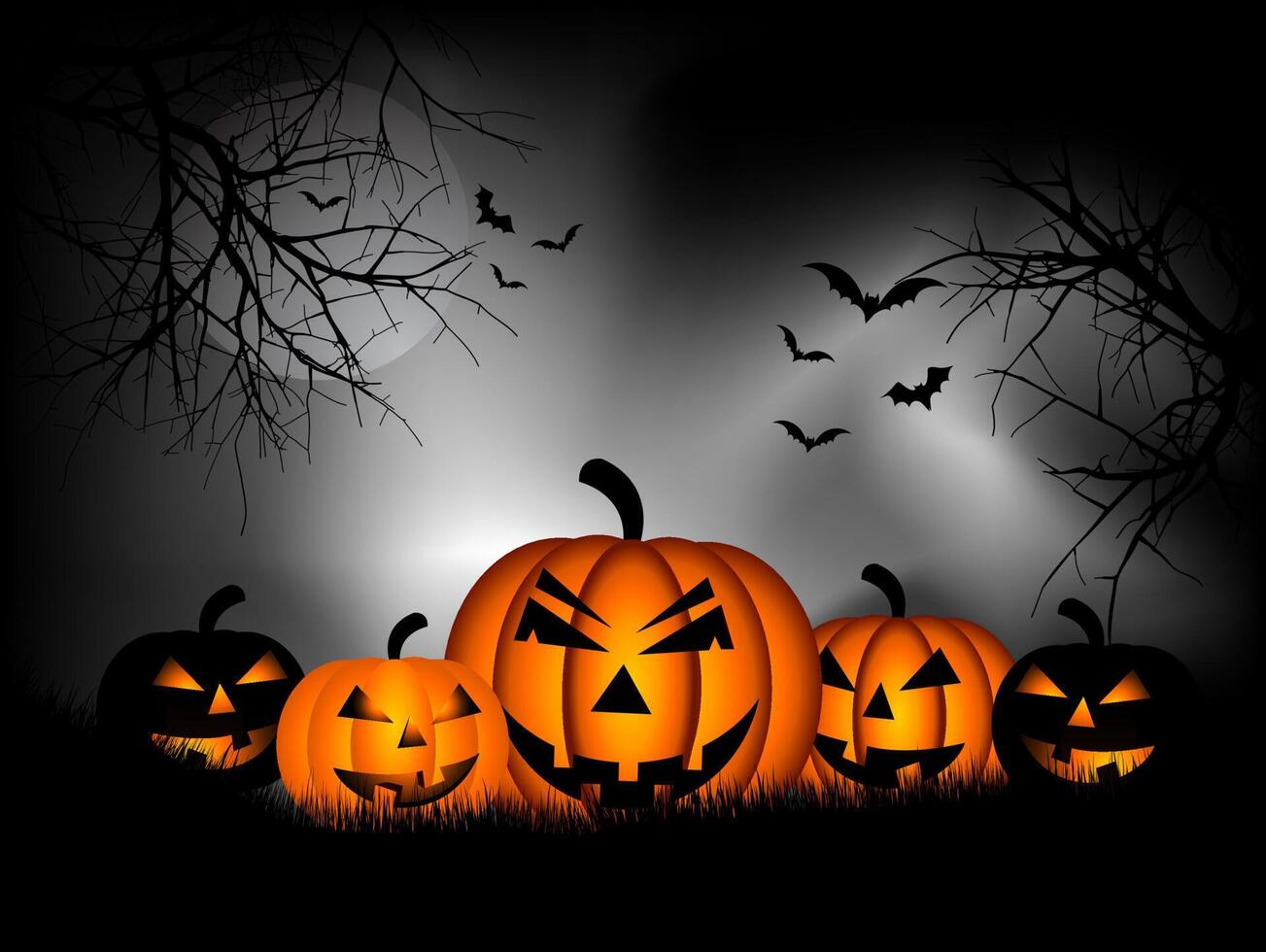 spooky halloween background with-pumpkins bats vector