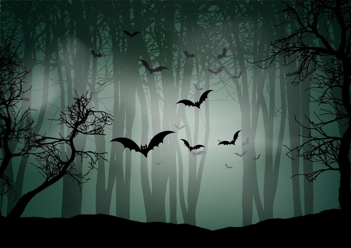 fondo de halloween con murciélagos de paisaje de bosque de niebla vector