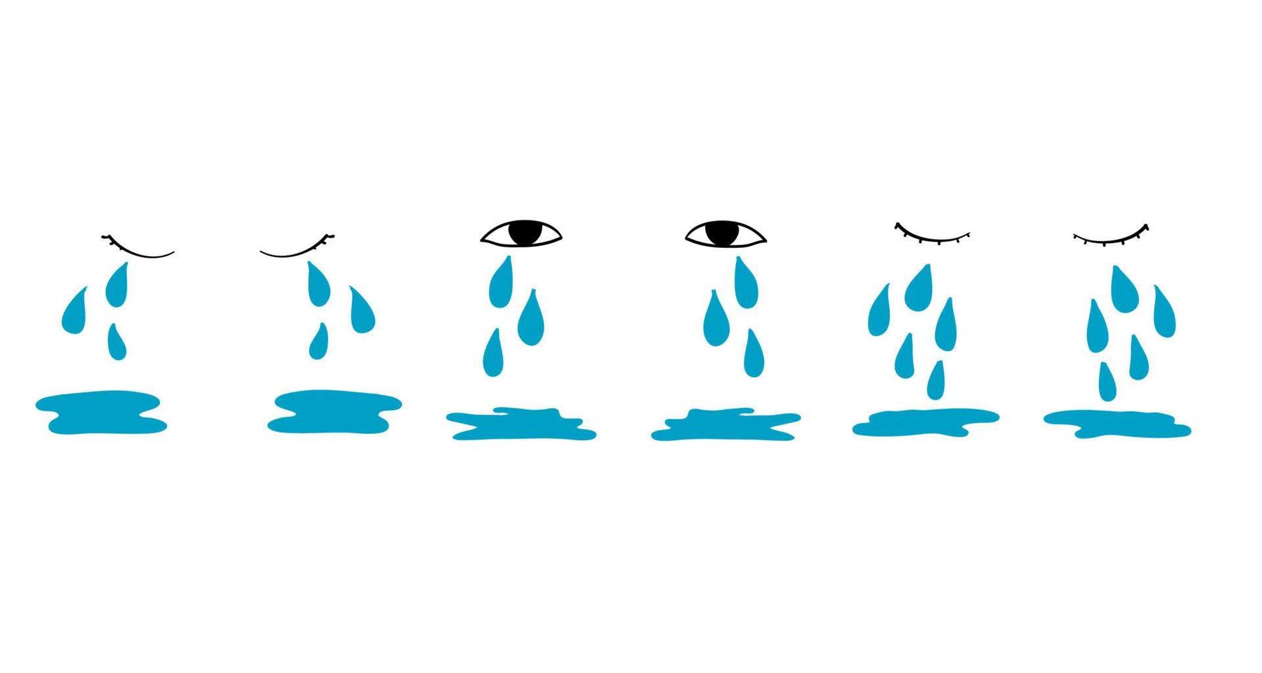 Cartoon tear drops and puddles set. Sorrow weeping cry streams, tear blob or sweat drop. eyes tears or rain droplets hand drawn style isolated vector