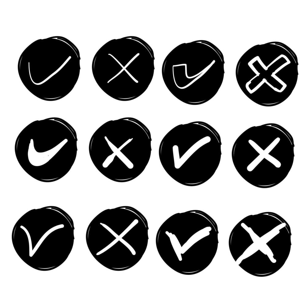 set of check mark sign and x doodle handdrawn vector