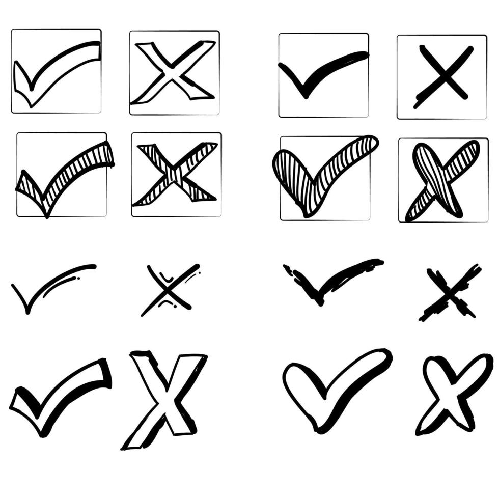 conjunto de signo de marca de verificación y vector dibujado a mano de garabato x