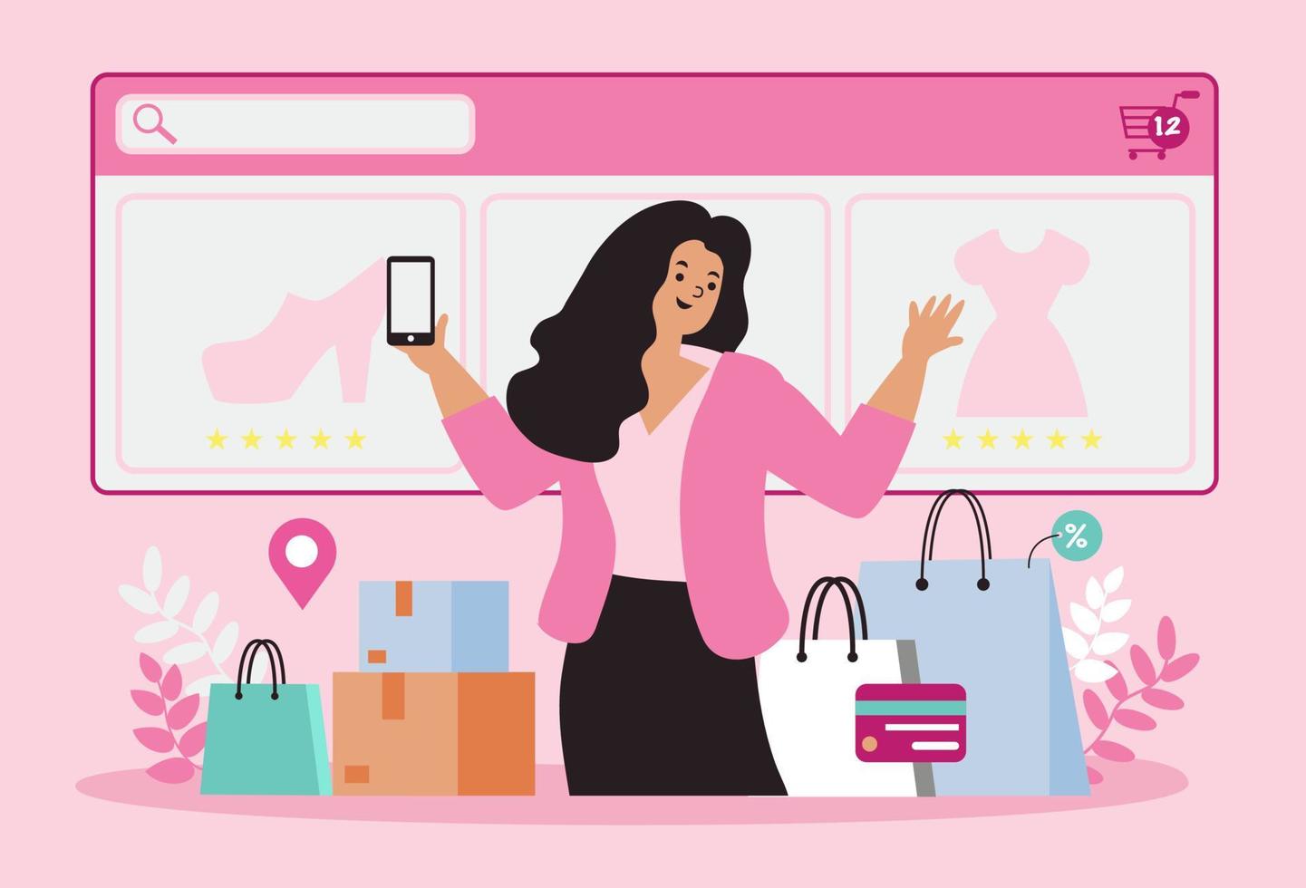 mujeres felices con compras en pago móvil con tarjeta de crédito. compras en línea en una tienda en línea en un sitio web o aplicación móvil. el concepto de vector ama ir de compras. diseño para banner de venta, marketing digital.