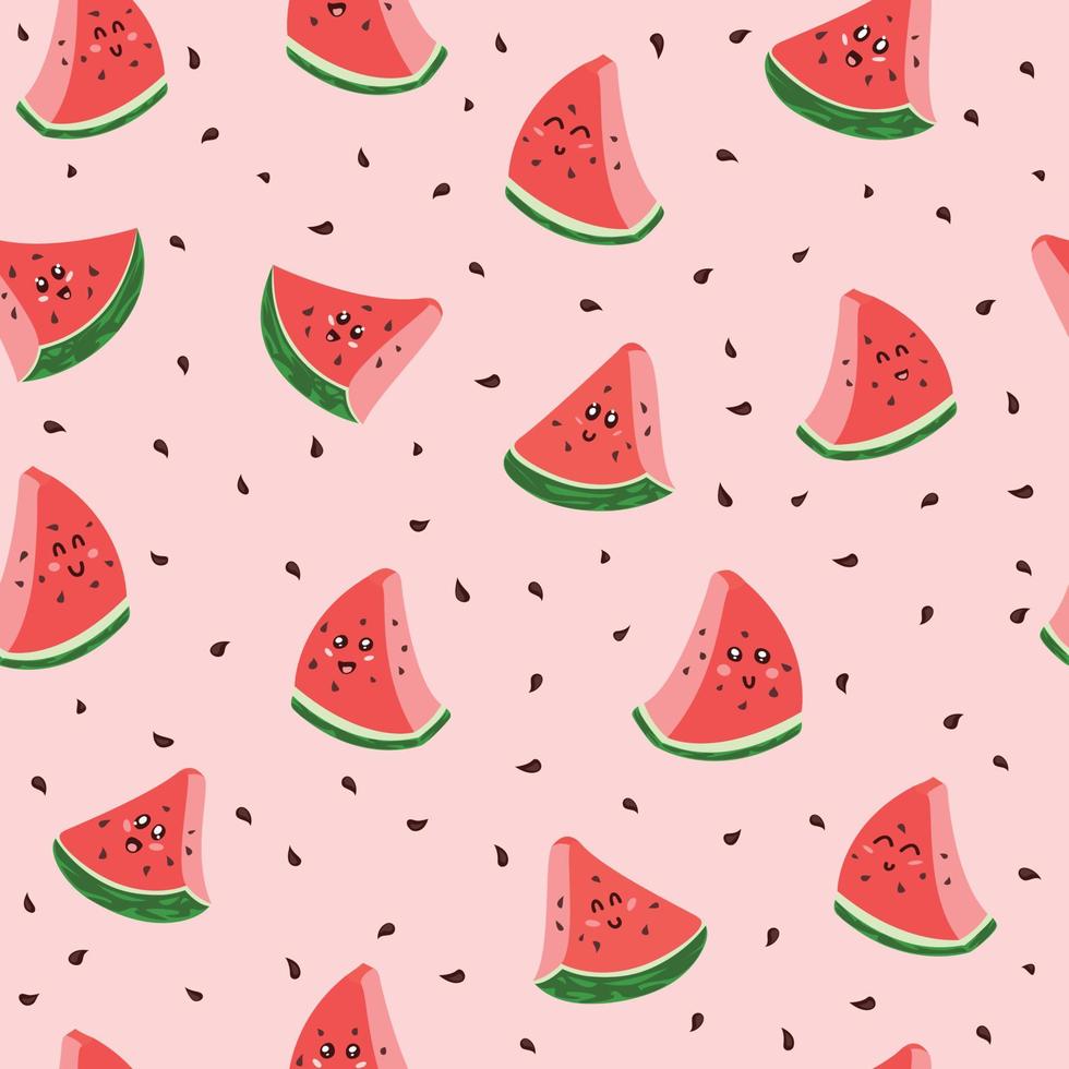 Cute, kawaii anthropomorphic cartoon watermelon slices seamless pattern. Great for Spring or Summer fabric, scrap-booking, gift-wrap, wallpaper, product design. Surface design. Vector