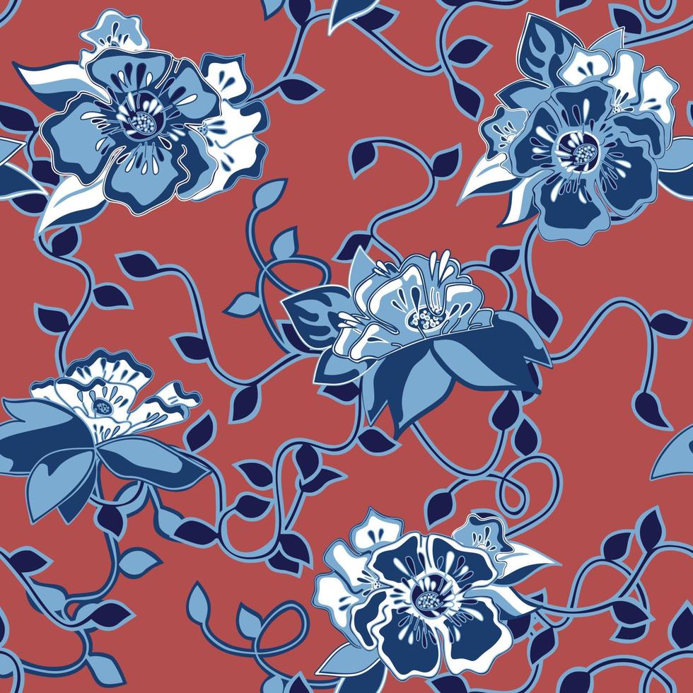 Flowers and vines in chinoiserie style seamless pattern. Oriental blue ceramic, ornamental print. Great for fabric, product, gift wrap, wallpaper design projects. Surface pattern. Vector