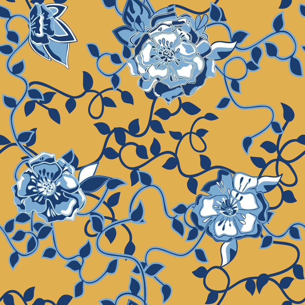 Flowers and vines in chinoiserie style. Oriental blue ceramic, ornamental print. Seamless pattern. Great for Spring and summer fabric, product, gift wrap, wallpaper. Surface pattern design - Vector
