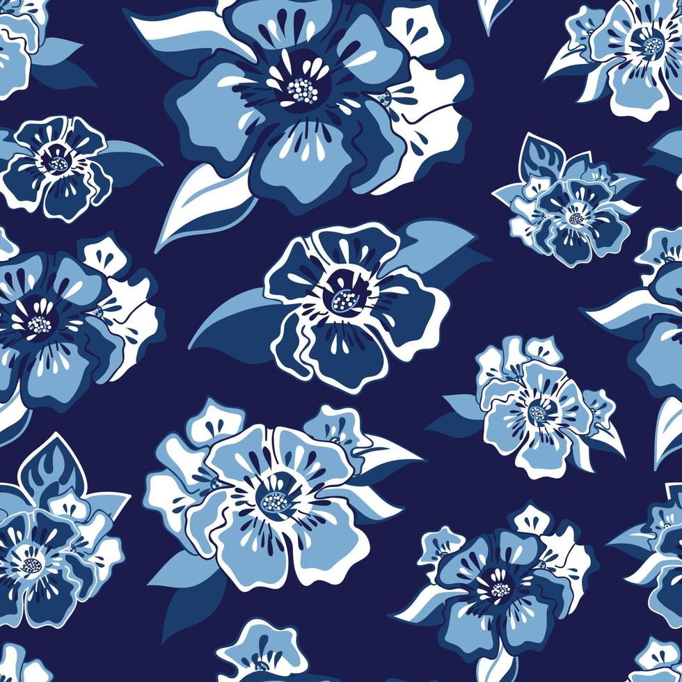 Flower blossom and vines in chinoiserie style. Oriental blue ceramic ornamental print.  Seamless pattern. Great for fabric, scrap booking, wallpaper and product design projects. Vector