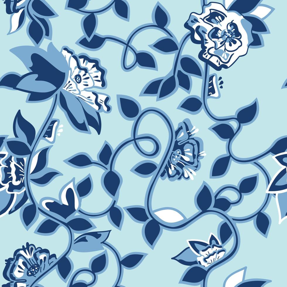 floral y vid en estilo chinoiserie. cerámica azul oriental, estampado ornamental. patrón sin costuras ideal para telas, productos, reserva de chatarra, papel de regalo, proyectos de diseño de papel tapiz. diseño de patrón de superficie vector