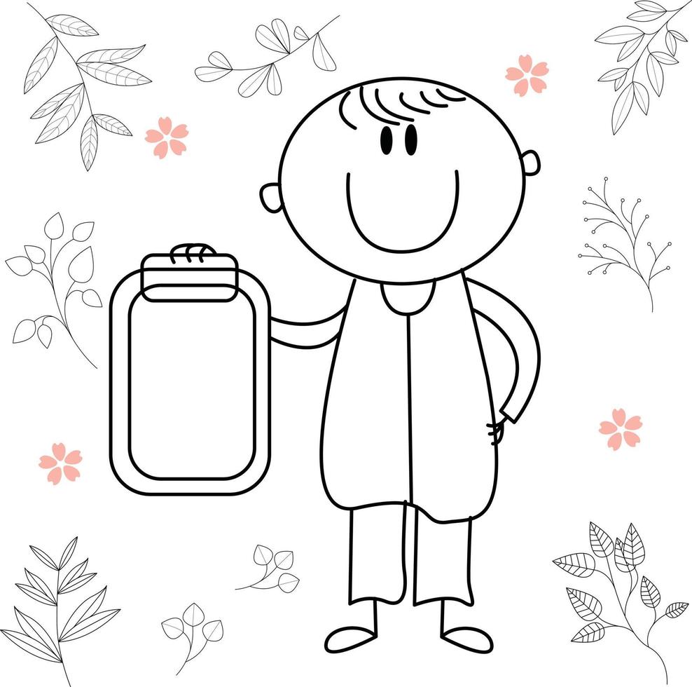 cute cartoon illustration for kids. black and white. the boy activity. but he has recovered from his illness. vector