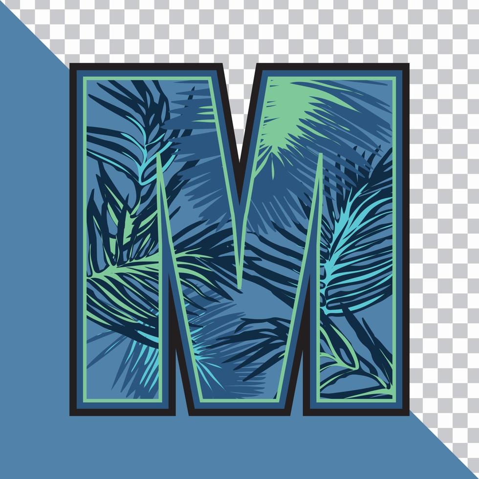 Alphabet M Made of Exotic Tropical Leaves vector Illustration with transparent background. Creative Text effect 'M' letter Graphic Design.