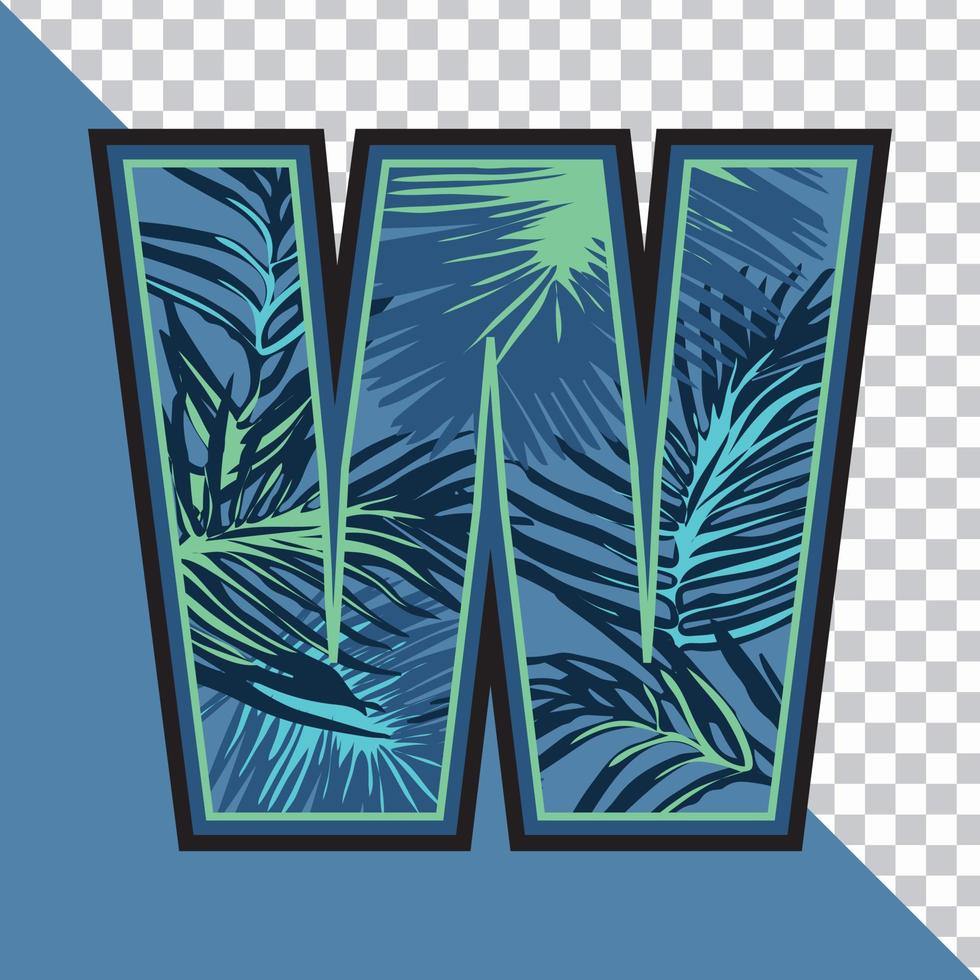 Alphabet W Made of Exotic Tropical Leaves vector Illustration with transparent background. Creative Text effect 'W' letter Graphic Design.