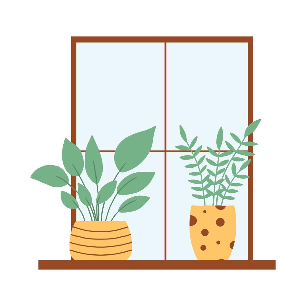 las plantas de interior están en el alféizar de la ventana. plantas de interior cerca de la ventana. ilustración vectorial en un estilo plano. vector