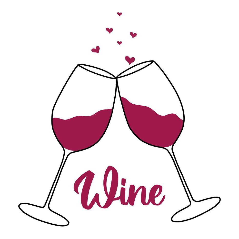 Two glasses with red wine. Postcard with lettering. Vector postcard in doodle style.