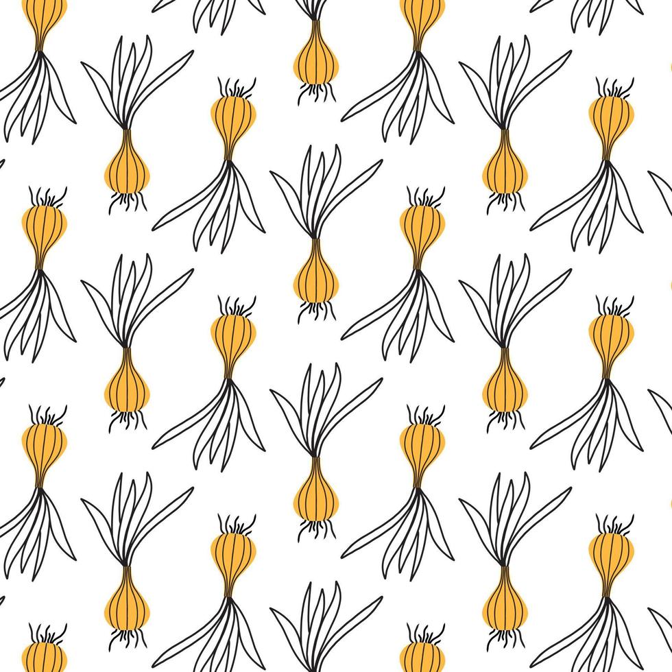 pattern with onion. Vector pattern with vegetables. Pattern in doodle style.