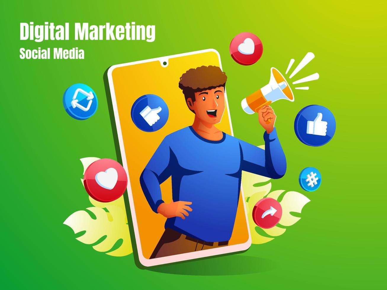 a man shouting using a megaphone with a social media icon and a smartphone vector