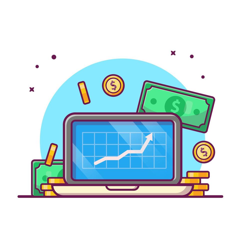 Laptop With Coin Money And Graph Statistic Cartoon Vector Icon  Illustration. Technology Finance Icon Concept Isolated Premium  Vector. Flat Cartoon Style
