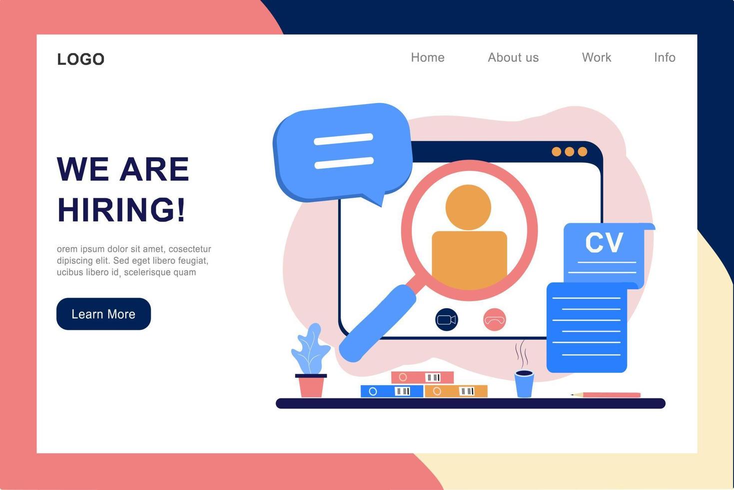 Recruitment agency landing page template. Online job interview, hiring employment process, choosing candidate, searching job concept. CV, resume and vacant. 3D vector illustration for web banner.