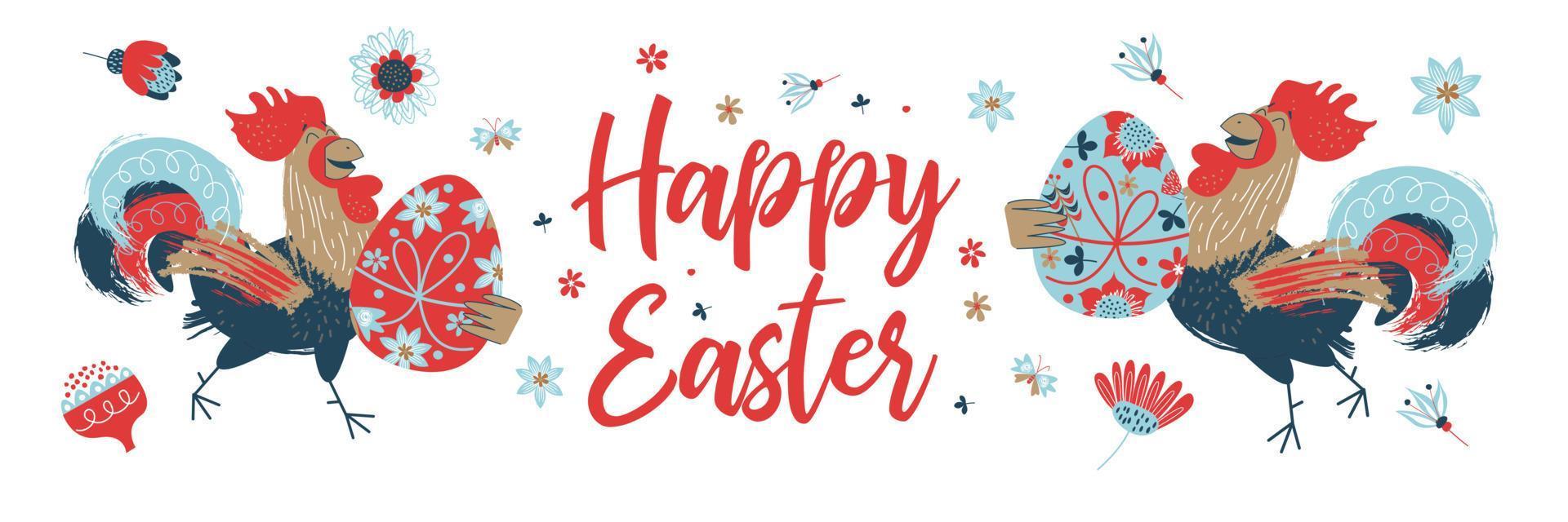 happy Easter. Colorful Easter banner with spring flowers and a cheerful rooster with an Easter egg. vector
