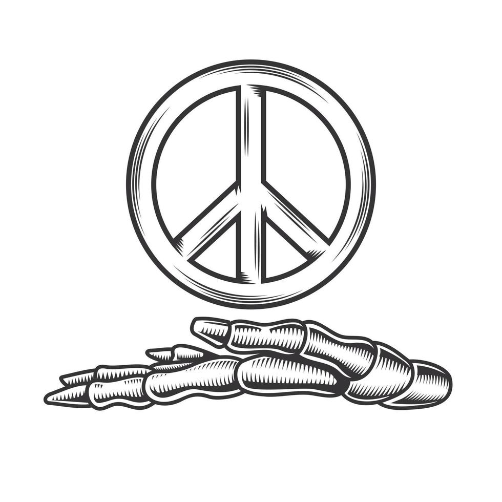 skeleton peace hand line art vintage tattoo or print design vector illustratio.