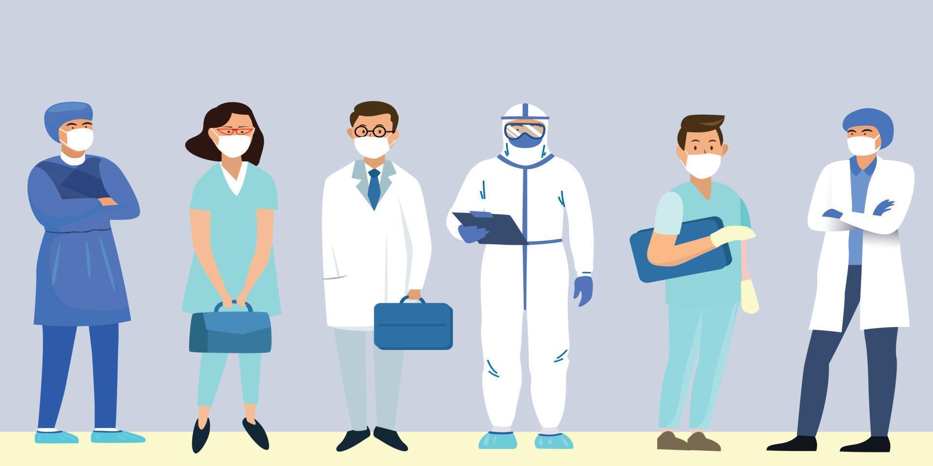 Frontline heroes, Illustration of doctors and nurses characters wearing masks. Vector