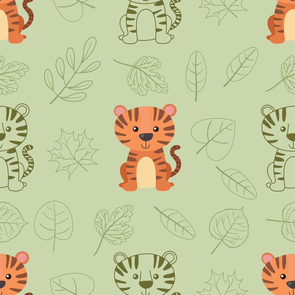 Seamless doodle tiger and leaf outline cartoon pattern vector