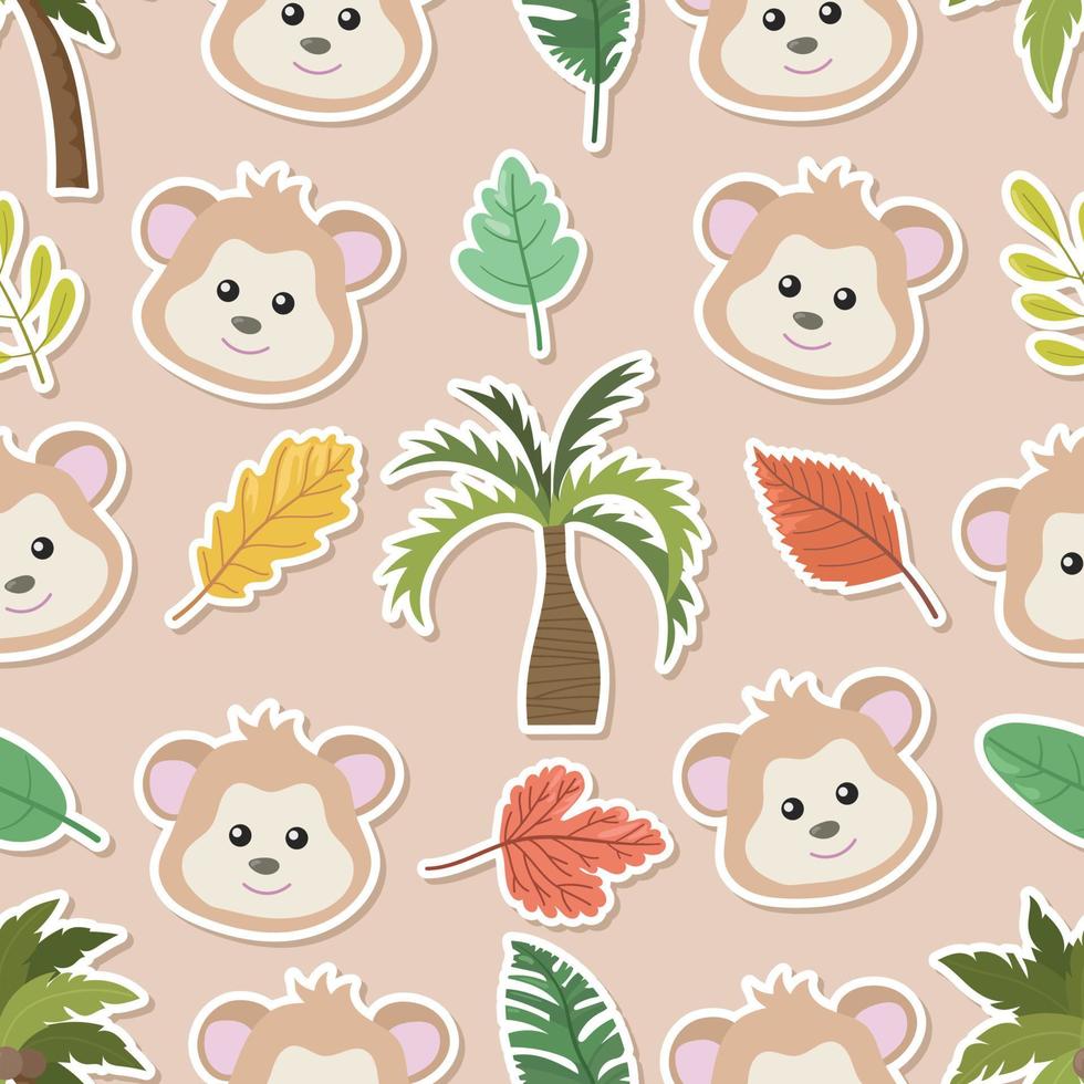 Seamless doodle monkey in jungle sticker cartoon pattern vector