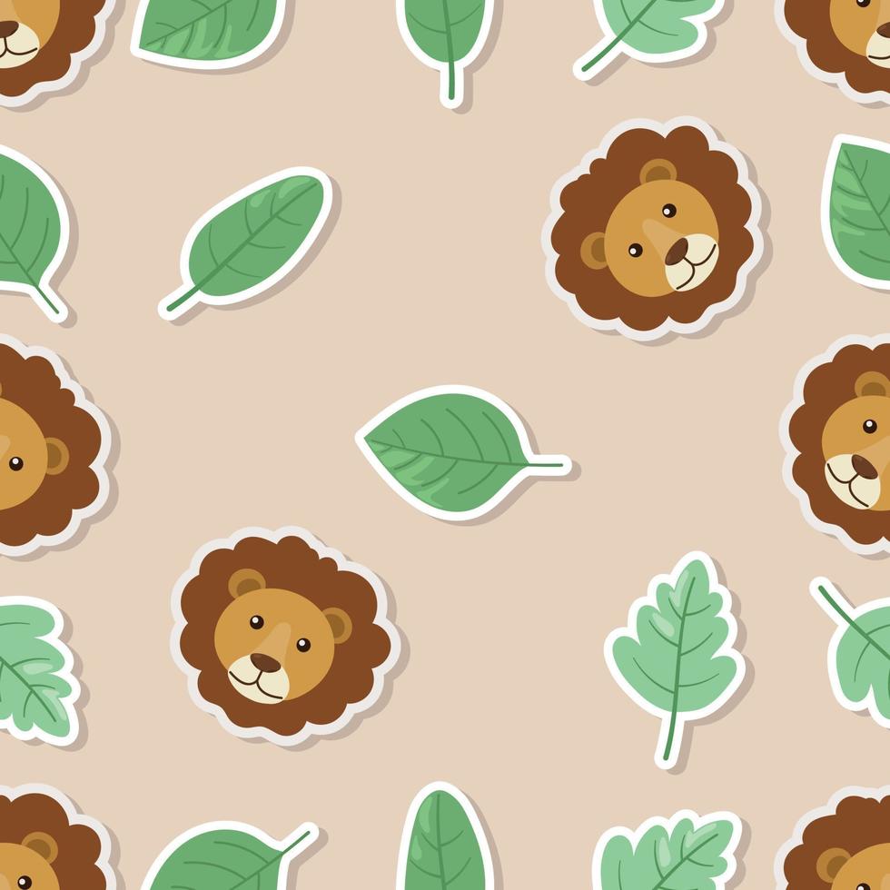 Seamless doodle lion and leaf sticker cartoon pattern vector