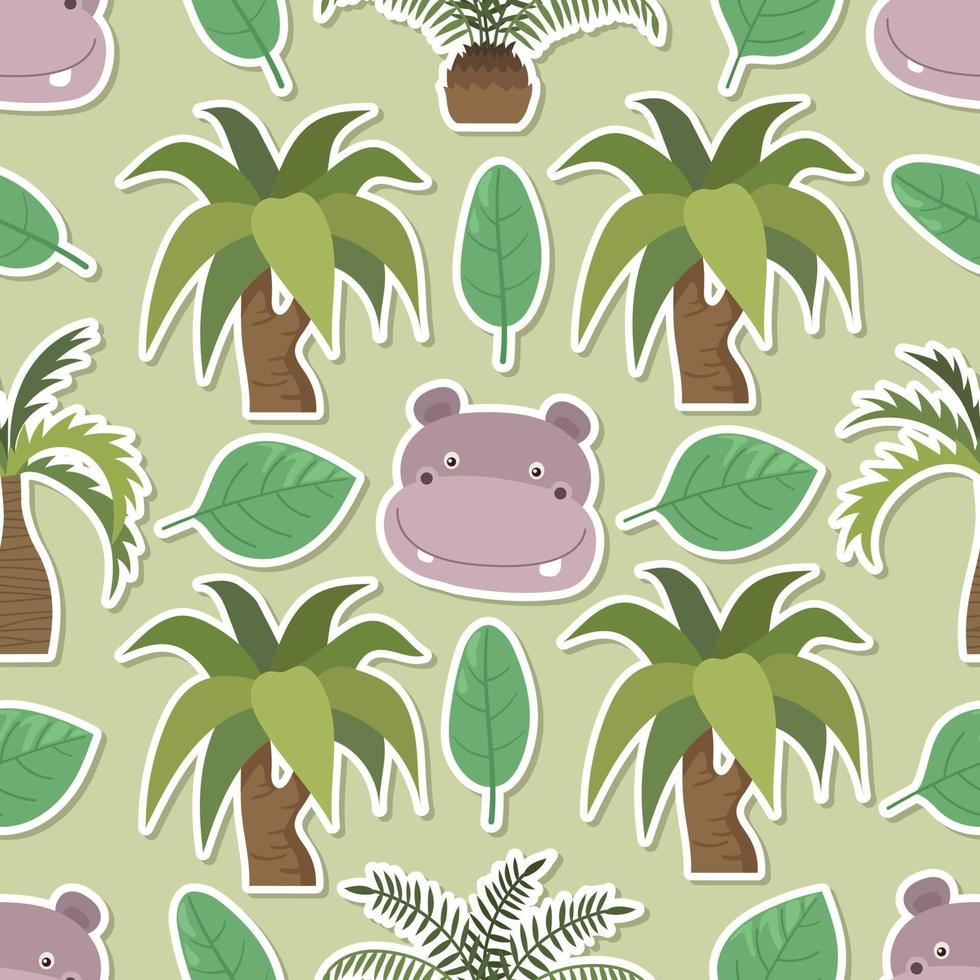 Seamless doodle hippopotamus in jungle sticker cartoon pattern vector