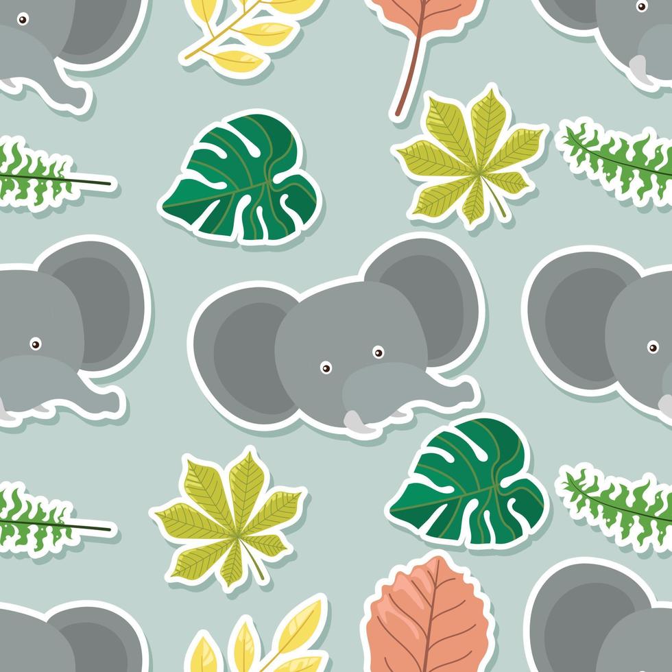 seamless, garabato, elefante, y, hoja, pegatina, caricatura, patrón vector