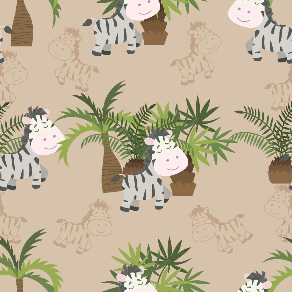 Seamless doodle zebra and palm cartoon pattern vector