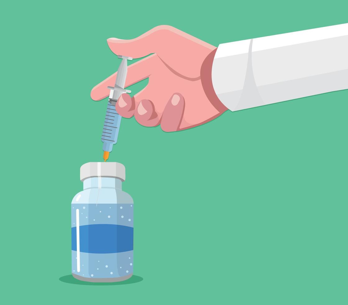 Ampoule and syringe with medicine in hand. Vaccination concept. Infectious disease. Injection syringe needles. Medical equipment. Healthcare, hospital and medical diagnosis. Illustration in modern. vector