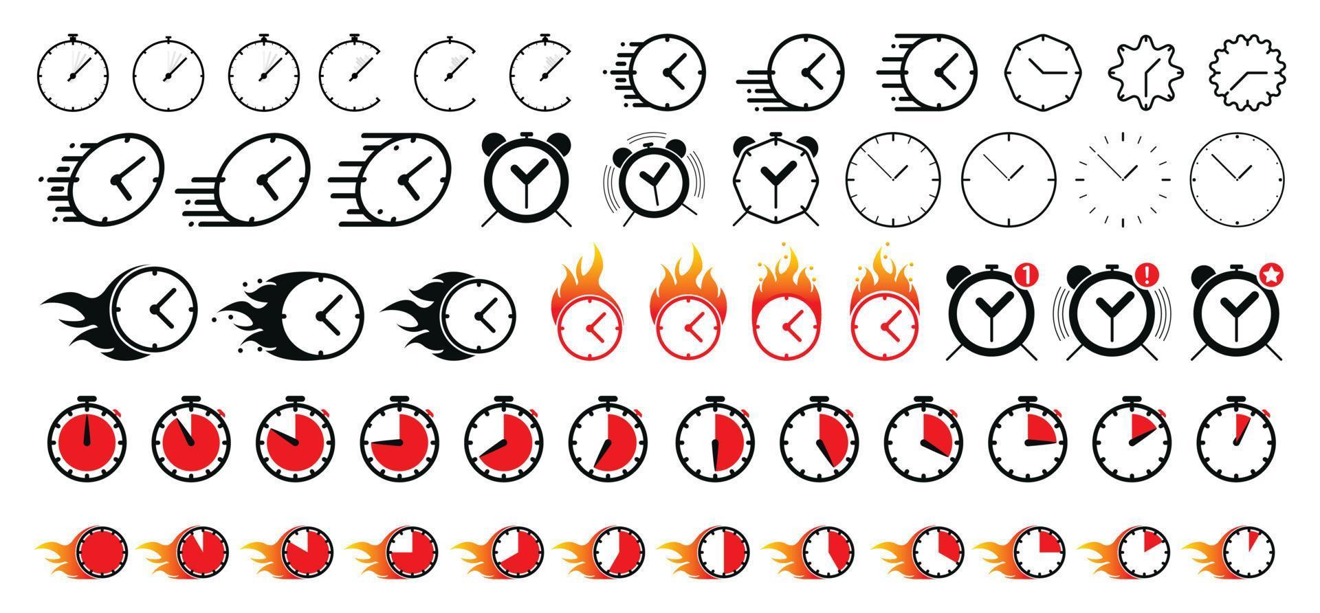 Large set of modern vector icons related to time and clock speed. Includes Icons such as timer, speed, alarm, restore, time management and more. Time zones are set. Stopwatch drawing. Vector drawing.