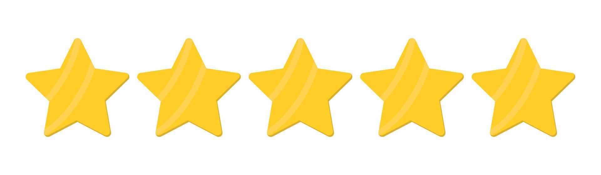 Five stars customer product rating review modern icon for apps and websites. Yellow five stars quality rating icon isolated on white. Vector illustration.