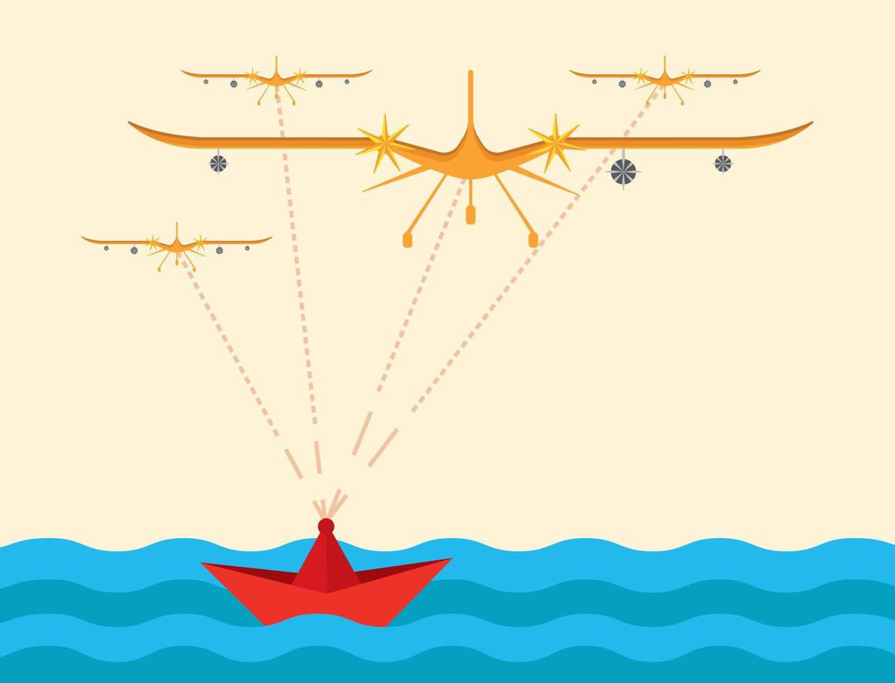 controlando desde un barco en el mar con radar y sensores de control. colorido icono de uav. tecnología de aviación aviones no tripulados militares guerra moderna. se muestra de forma moderna como un vehículo aéreo no tripulado. vector