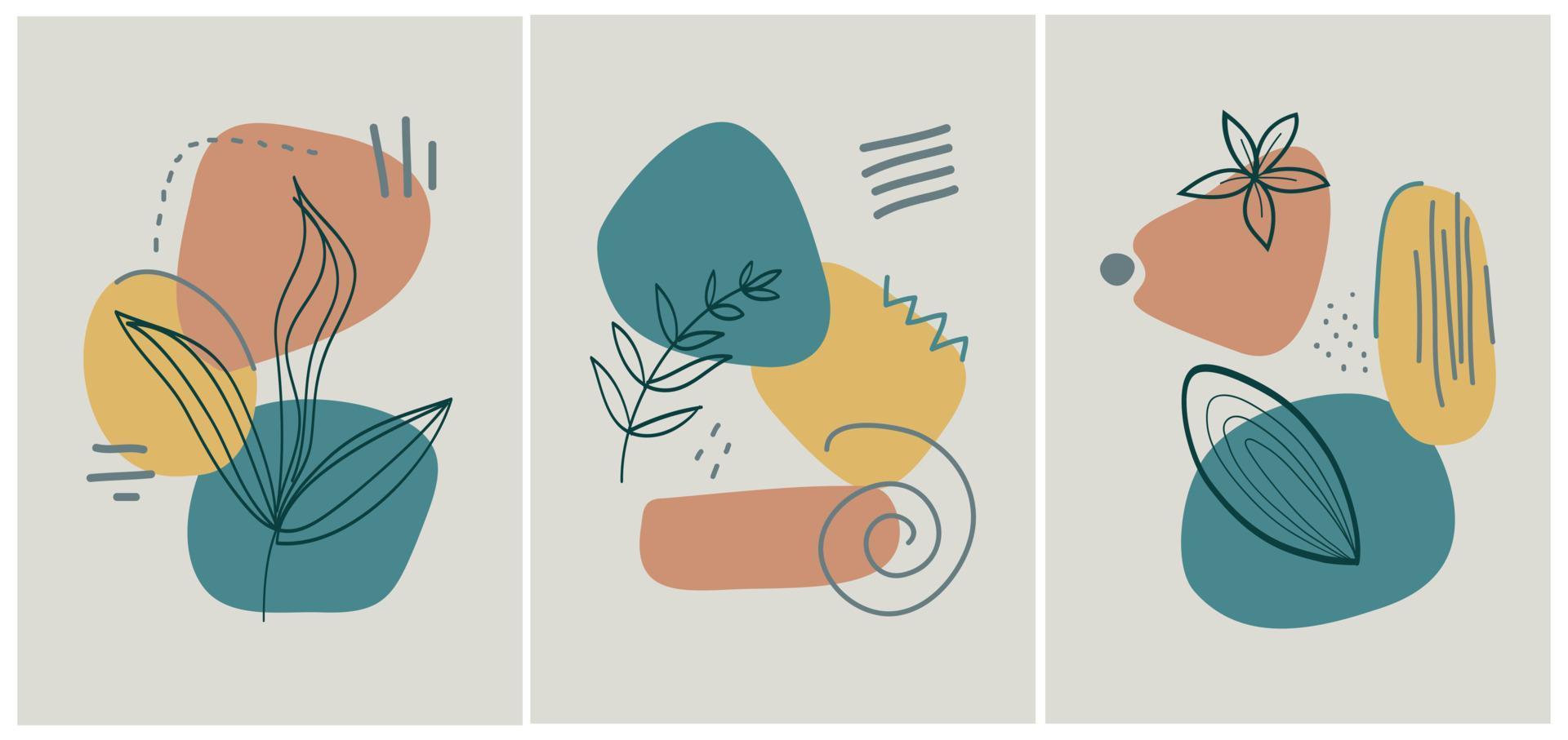 Collection of contemporary art posters in pastel colors. Abstract paper cut geometric elements and strokes, leaves and dots. Great design for social media, postcards, print. vector