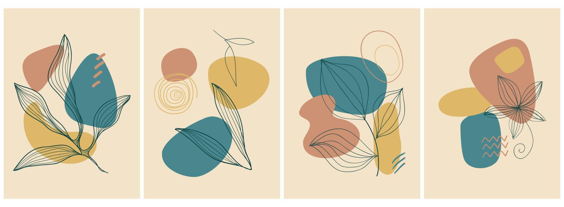 Collection of contemporary art posters in pastel colors. Abstract paper cut geometric elements and strokes, leaves and dots. Great design for social media, postcards, print. vector