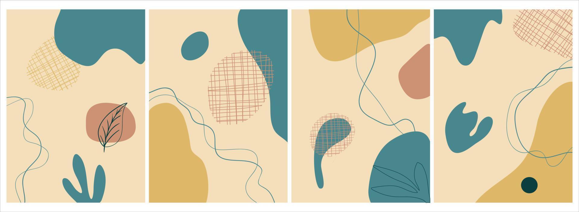 Collection of contemporary art posters in pastel colors. Abstract paper cut geometric elements and strokes, leaves and dots. Great design for social media, postcards, print. vector