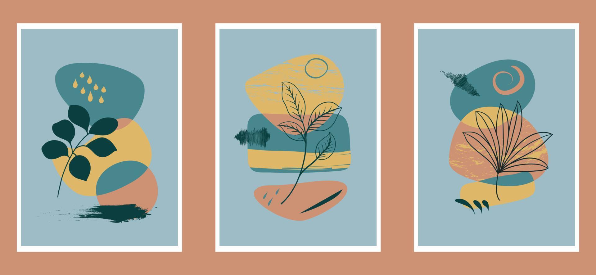 Collection of contemporary art posters in pastel colors. Abstract paper cut geometric elements and strokes, leaves and dots. Great design for social media, postcards, print. vector