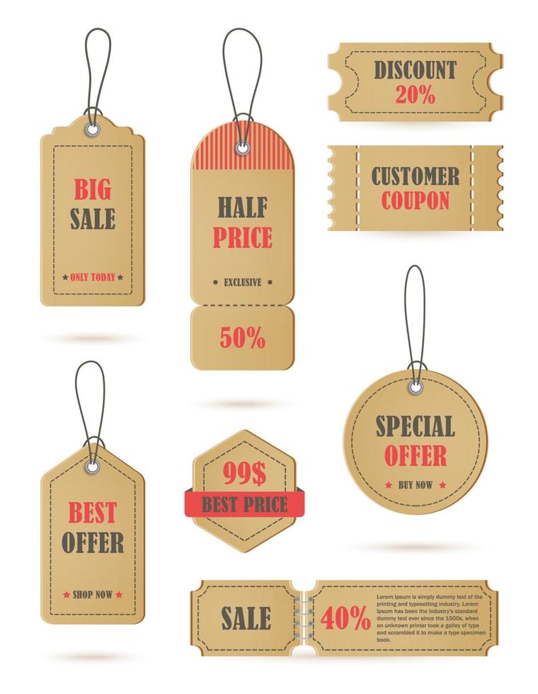 Vector stickers, price tag, banner, label. Coupon sale, offers and