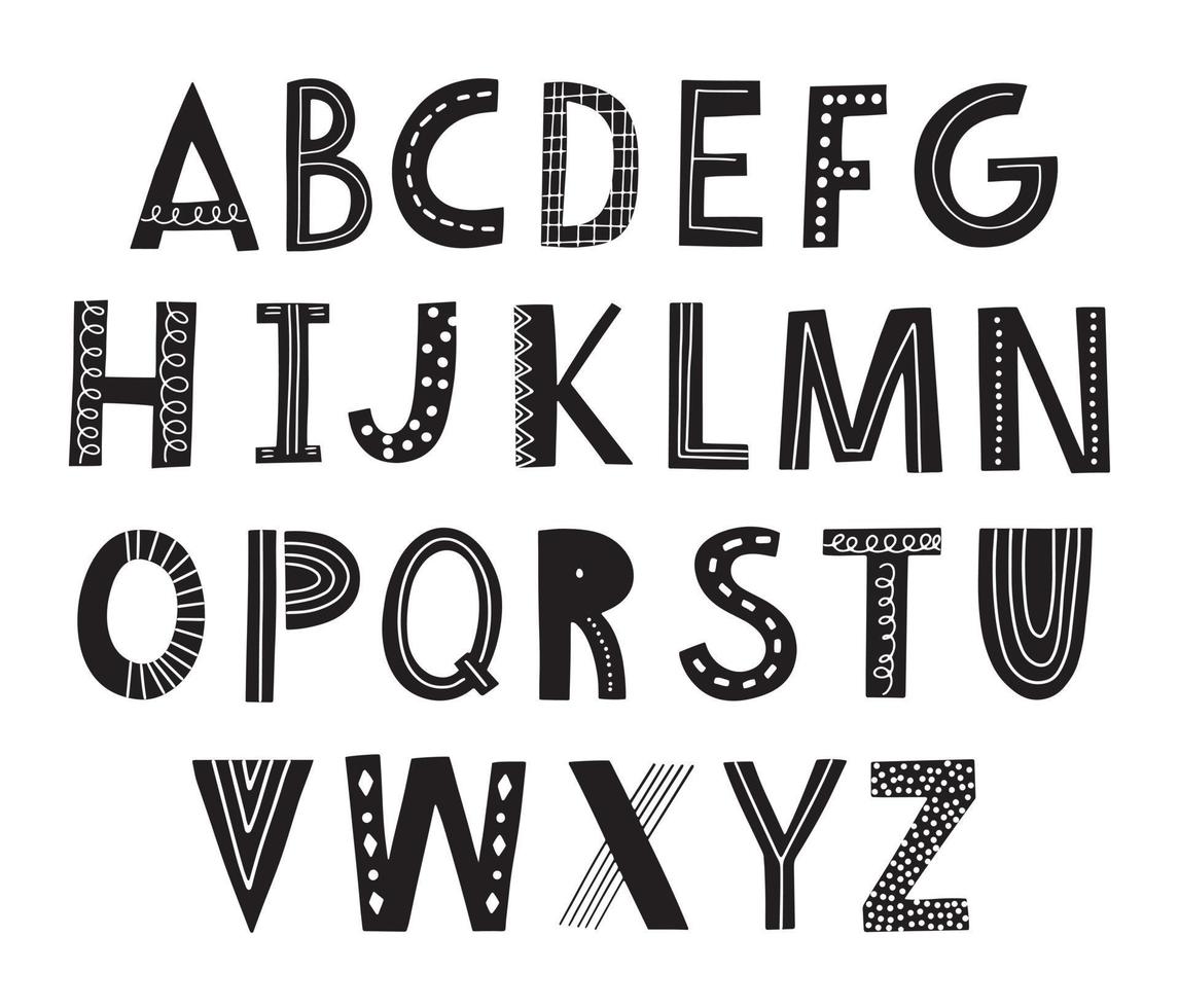 Funny kids alphabet with hand drawn elements in scandinavian style. Funky letters for posters, nursery, font, letters design. Vector illustration isolated on background.