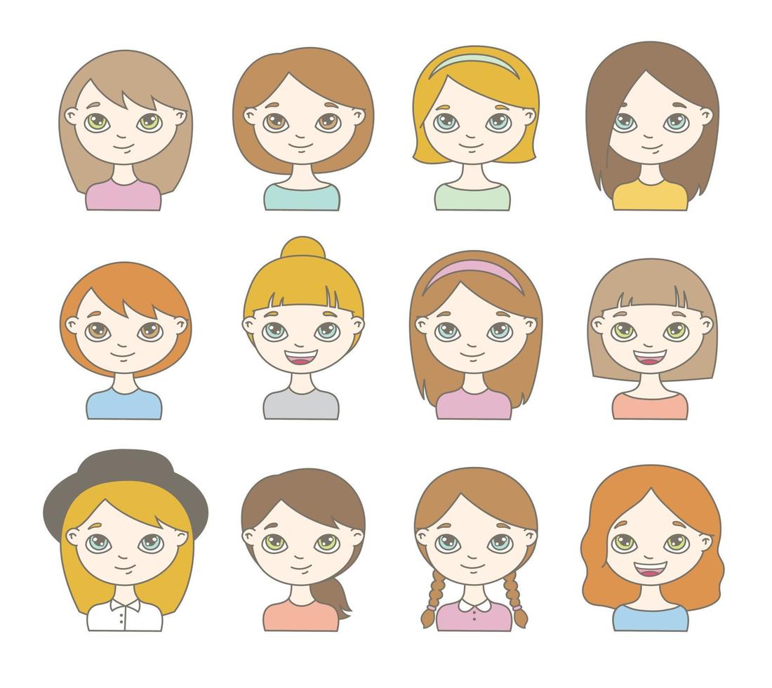 conjunto de lindos personajes femeninos. avatares de dibujos animados. chicas sonrientes con diferentes peinados. vector