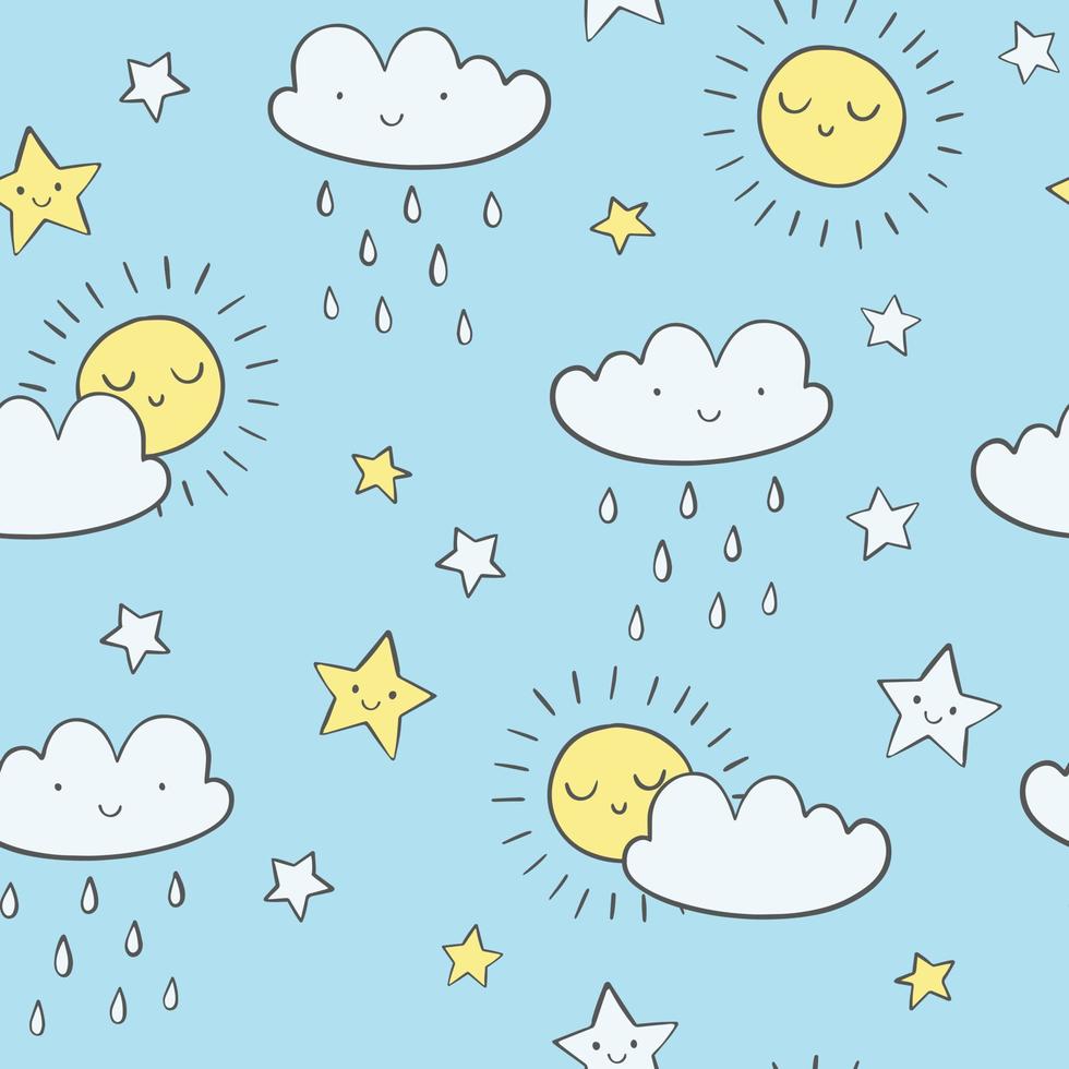 Cute sky vector pattern. Hand drawn seamless background with smiling clouds, sun, stars and raindrops. Childish doodle print.