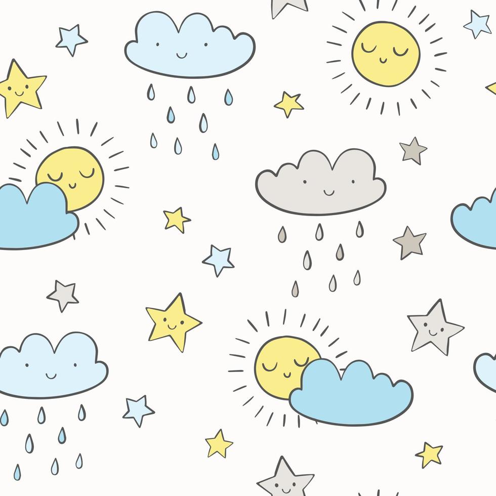 Sky vector pattern. Cute smiling sun, stars, clouds seamless background. Baby print in soft, pastel colors.