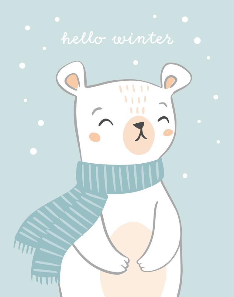Cute hand drawn polar bear card design with text hello winter. Bear character on snowy background. Holiday Christmas design. vector