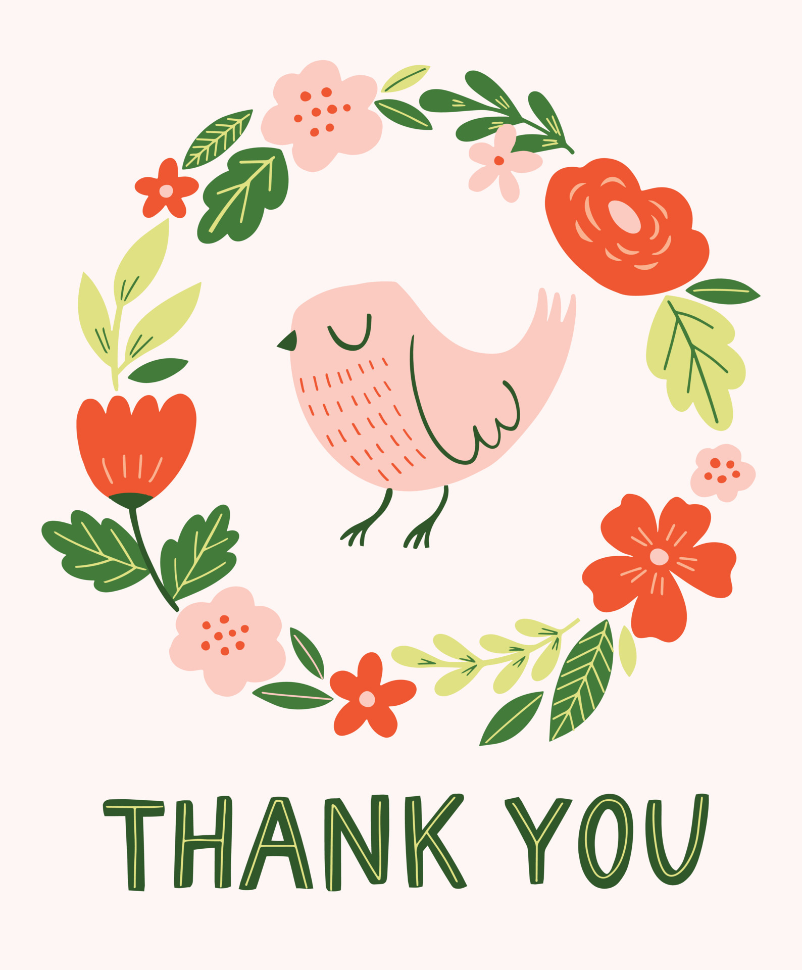 Cute illustration with floral wreath and bird. Thank you hand drawn  lettering. Vector illustration 6399942 Vector Art at Vecteezy